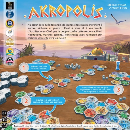 Akropolis - dos de boite et explication du jeu de société Gigamic