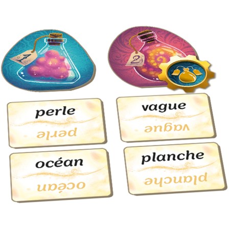 Zoom sur les fioles, cartes Pensée et jetons Outil du jeu.