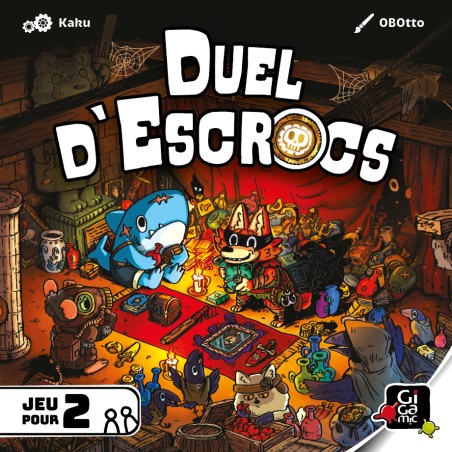 Boîte de Duel d’Escrocs vue de face, avec une illustration mettant en scène des brigands partageant un trésor