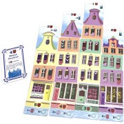 Gros plan sur les cartes et éléments de Bellevue, mettant en avant les maisons flamandes.