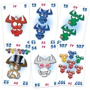 Zoom sur les cartes et têtes de bœuf colorées du jeu Le Baron.