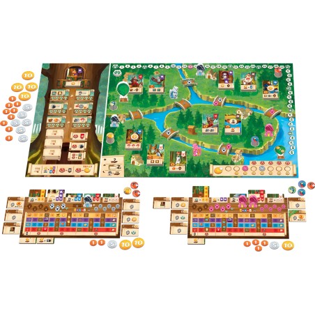 Vue d’ensemble du matériel de Kingdom Crossing, avec plateau et éléments.