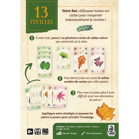 Dos de la boîte présentant les règles simples de 13 Feuilles.