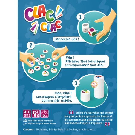 Dos de la boîte Clac Clac expliquant les règles du jeu.