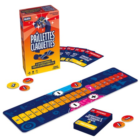 Contenu complet de Paillettes Claquettes avec plateau, cartes et jetons.