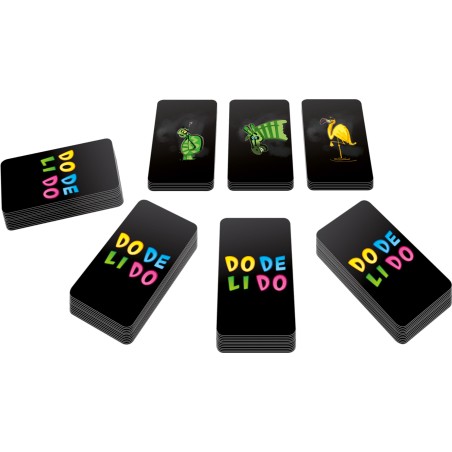 Zoom sur les cartes colorées et animaux du jeu Dodelido.