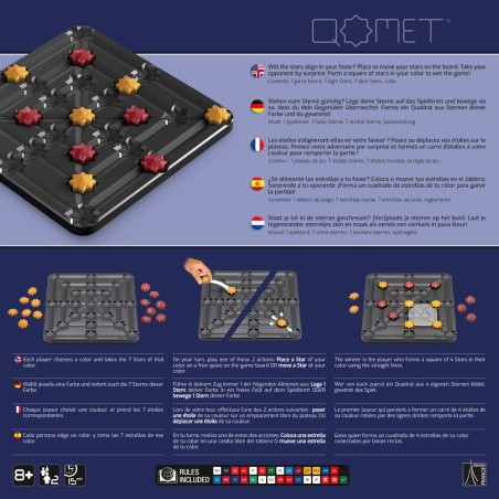 Dos de la boîte QOMET avec résumé des règles en multilingue