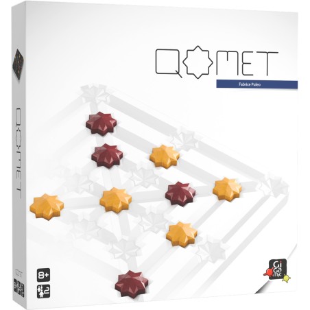 Boîte du jeu QOMET en vue 3D, design épuré et élégant