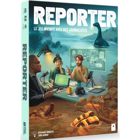 Vue 3D de la boîte du jeu Reporter, jeu d’enquête journalistique immersif.