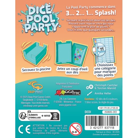 Dos de boîte Dice Pool Party avec résumé des règles et contenu