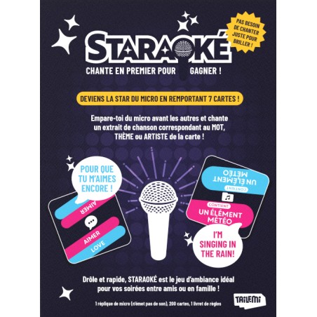 Dos de boîte et explications de Staraoké, un jeu aux règles simples sur la musique !