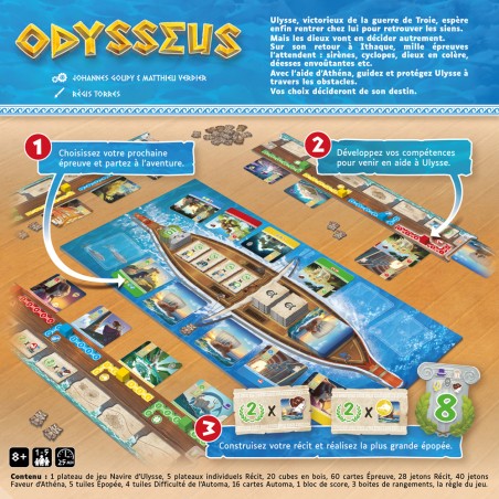 Dos de boîte et explication d'Odysseus, un jeu de stratégie familial mettant en scène les créatures légendaires