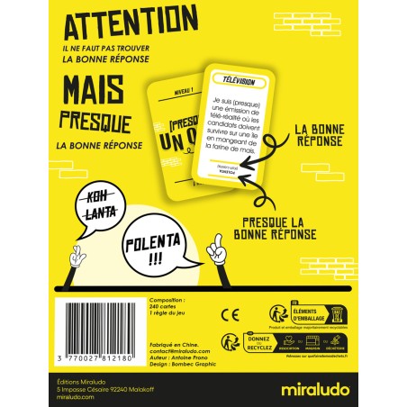 Dos de boîte du jeu d'ambiance Miraludo Presque Un Quiz