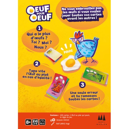 Dos de la boîte de Œuf pour Œuf, présentant les règles du jeu, le contenu et des exemples de cartes