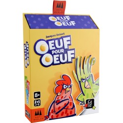 Boîte du jeu Œuf pour Œuf, avec des illustrations colorées dans une ambiance amusante