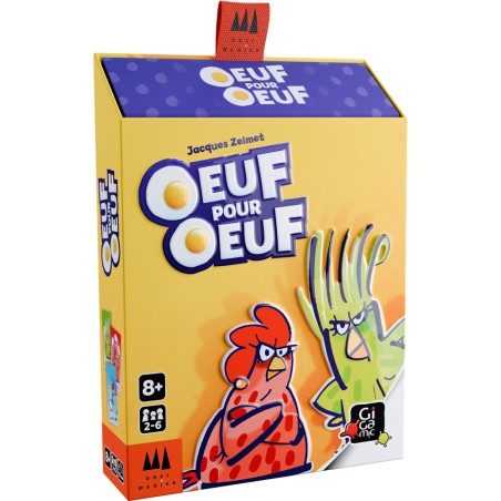 Boîte du jeu Œuf pour Œuf, avec des illustrations colorées dans une ambiance amusante
