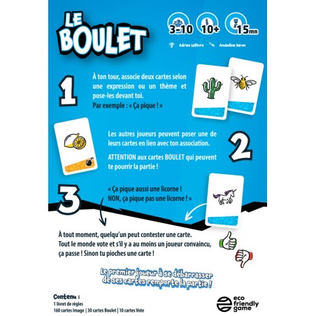 Dos de boîte et explication du jeu de société Le Boulet