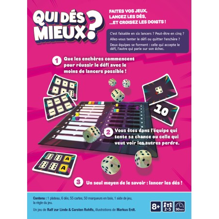 Dos de boîte et explication du jeu Qui Dés Mieux ?